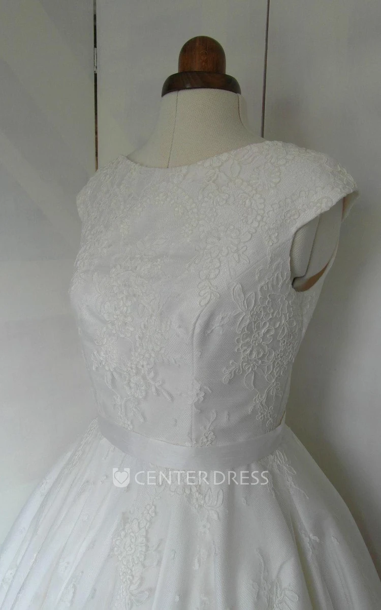 Cap Sleeve Jewel Neck A-Line Pleated Rose Lace Tea Length Wedding Dress