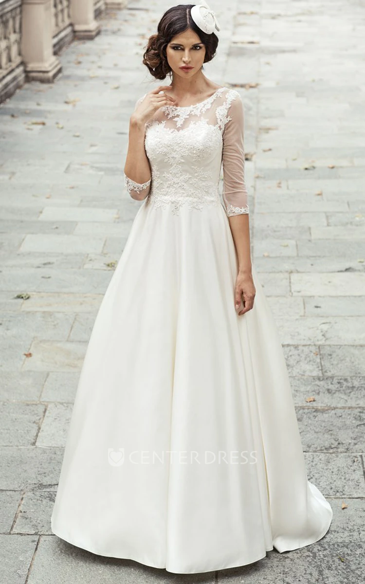 A-Line Long 3-4-Sleeve Appliqued Scoop-Neck Satin&Lace Wedding Dress