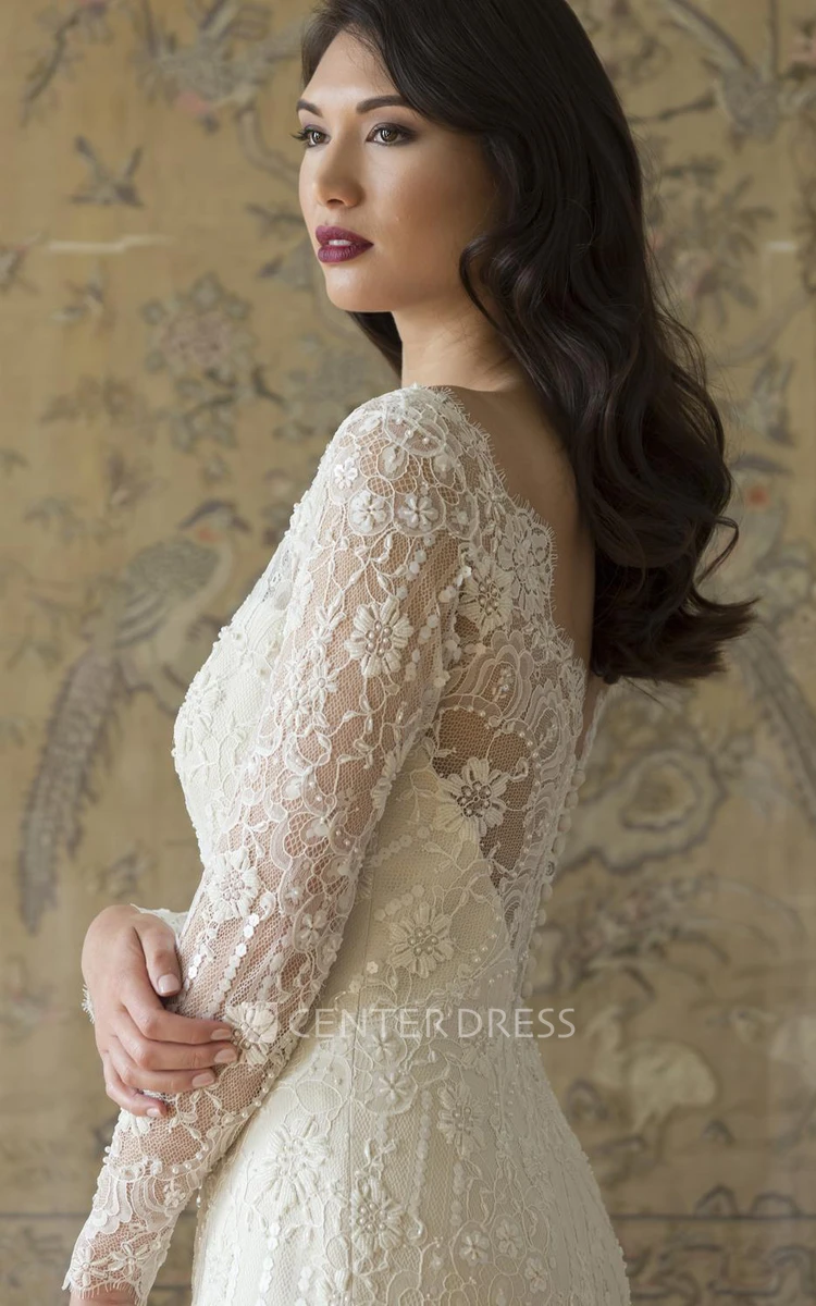 Off-The-Shoulder Beaded Floor-Length Long-Sleeve Lace Wedding Dress