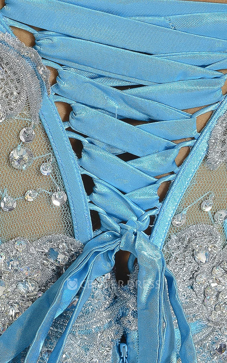 A-Line Sleeveless Sweetheart Beaded Floor-Length Tulle&Satin Prom Dress With Pleats