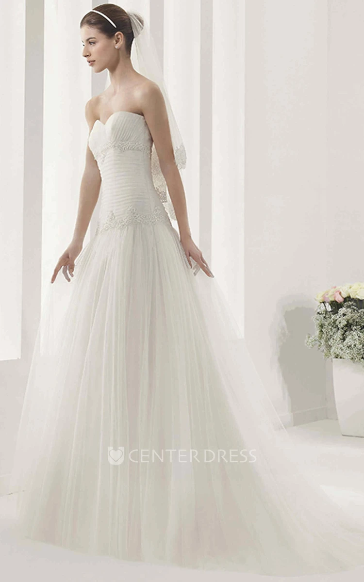 Ruched Drop Waist A-Line Tulle Gown With Removable High-Neck Lace Top