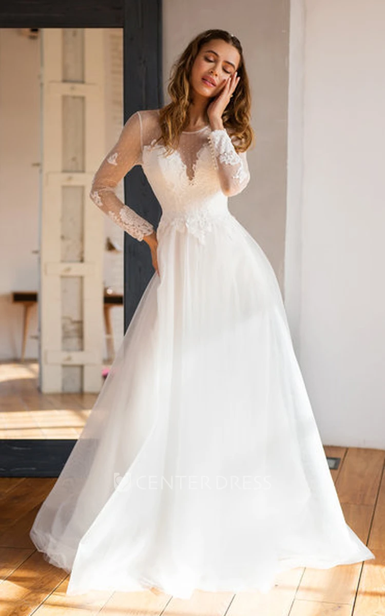 A Line Long Sleeve Lace Tulle Elegant Button Illusion Wedding Dress with Beading