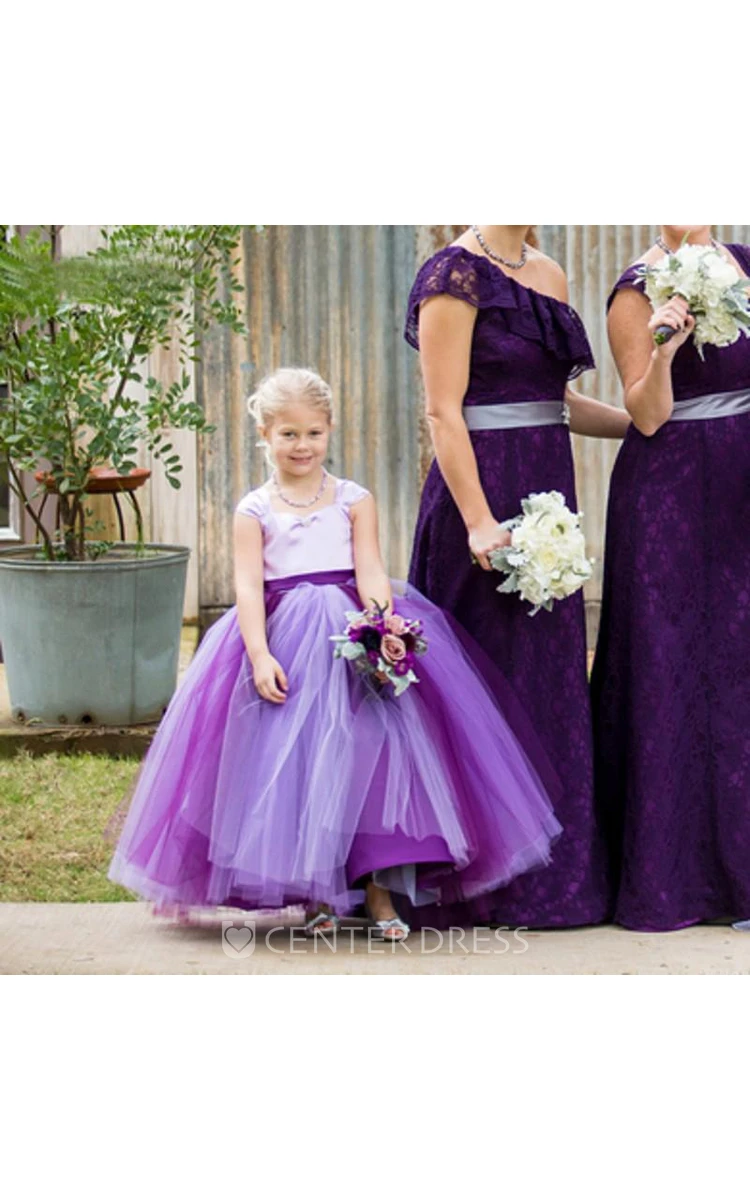 Princess Cap Sleeve Tulle Lovely Bowknot Flower Girl Dress