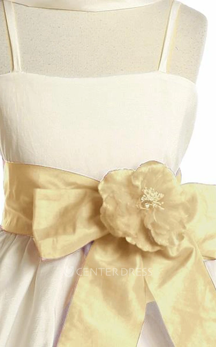 Knee-Length Floral Tiered Cap-Sleeve Taffeta Flower Girl Dress With Cape