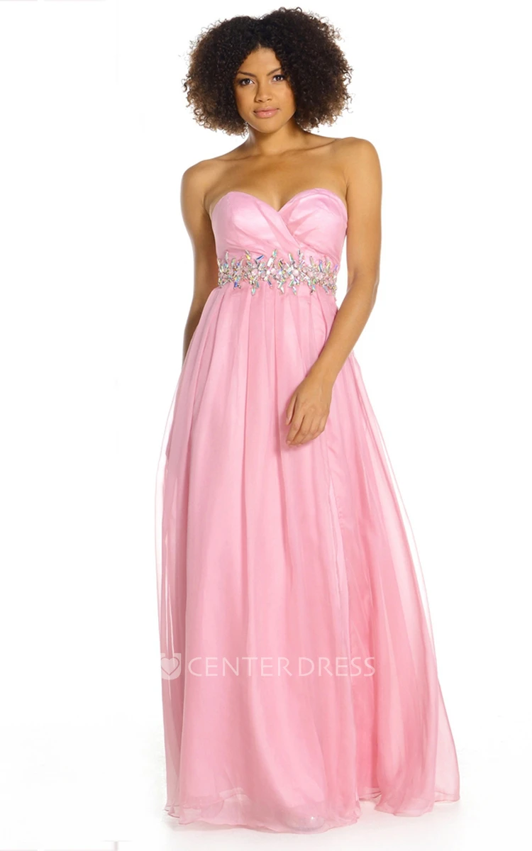 A-Line Ruched Long Sweetheart Sleeveless Prom Dress With Waist Jewellery
