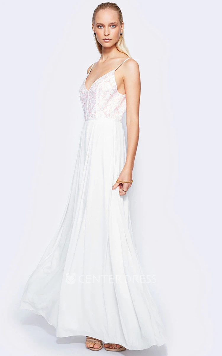 Spaghetti Ankle-Length Lace Chiffon Wedding Dress With V Back