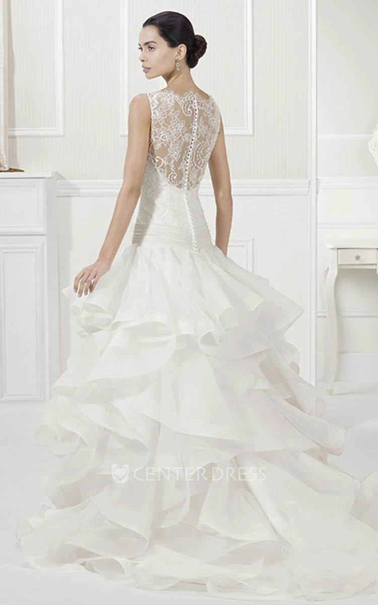 Illusion Bateau Neck Drop Waist Bridal Gown With Tiered Organza Skirt
