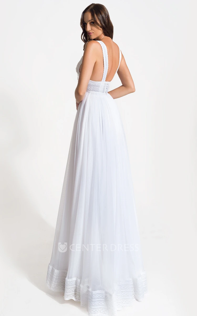 Greek V-neck A-Line Lace Tulle Wedding Dress With Button Back And Pleats