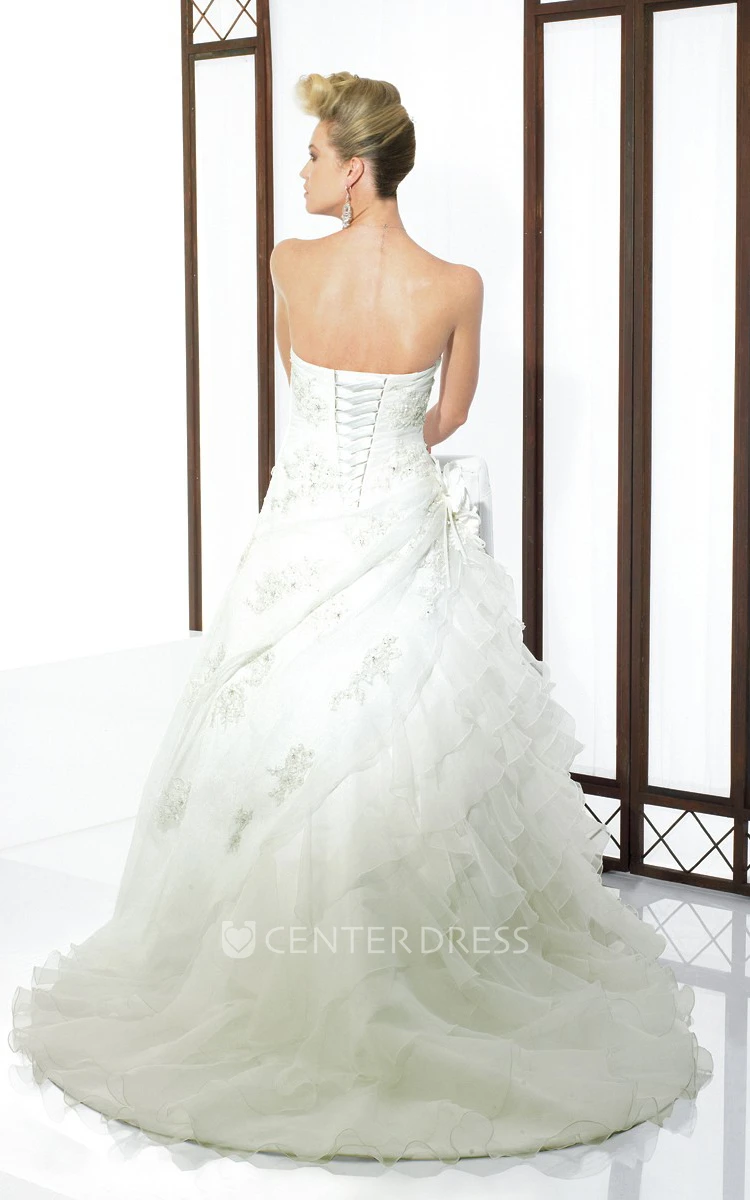 A-Line Sleeveless Cascading-Ruffle Maxi Sweetheart Wedding Dress With Flower And Appliques