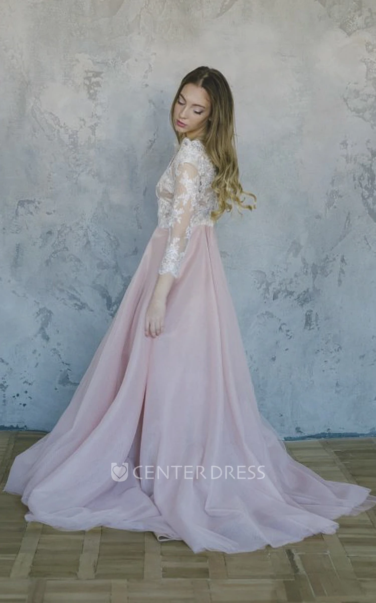 Lace Tulle 3/4 Sleeve Wedding Dress With V-neck