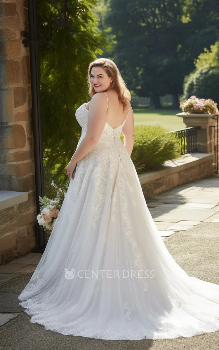 A-Line Lace Tulle Wedding Dress Plus Size Spaghetti Simple Elegant