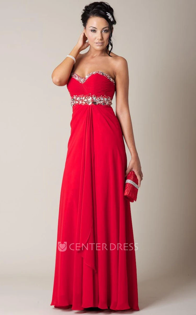 A-Line Ruched Maxi Sleeveless Sweetheart Chiffon Prom Dress With Beading And Draping