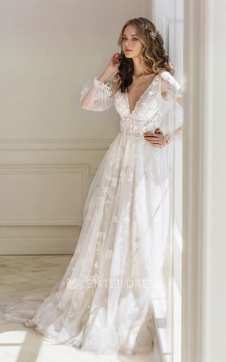 Elegant Princess A-Line Boho Lace Sheer Long Sleeve Wedding Dress with Court Train Ethereal Fairy Tale Appliqued V-Neck Deep-V Back Bridal Gown