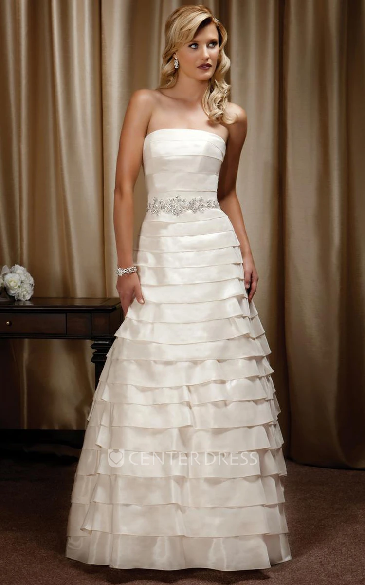A-Line Maxi Sleeveless Strapless Tiered Satin Wedding Dress With Waist Jewellery And Lace-Up Back