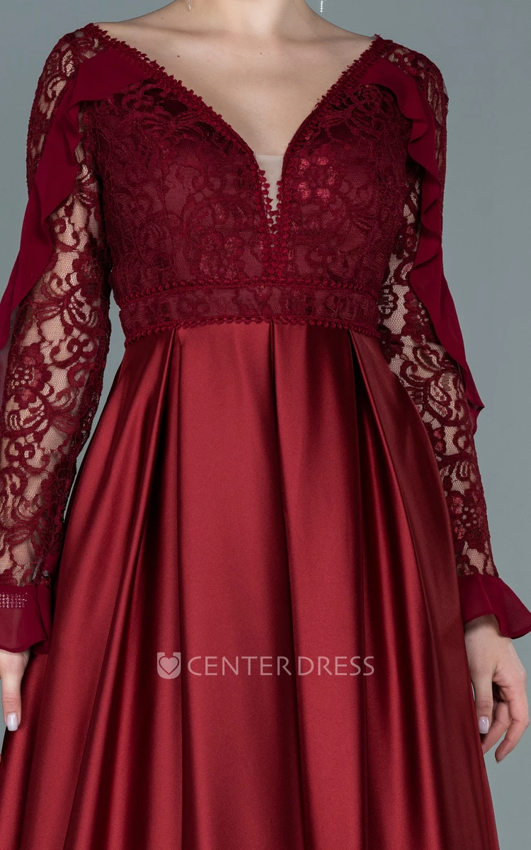 Casual A-Line V-neck Satin Lace Mother Dress With Long Sleeve And Pleats