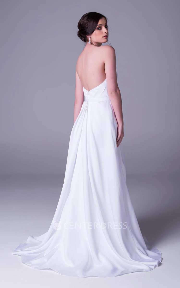 A-Line Floor-Length Sweetheart Satin Wedding Dress With Ruching And Deep-V Back