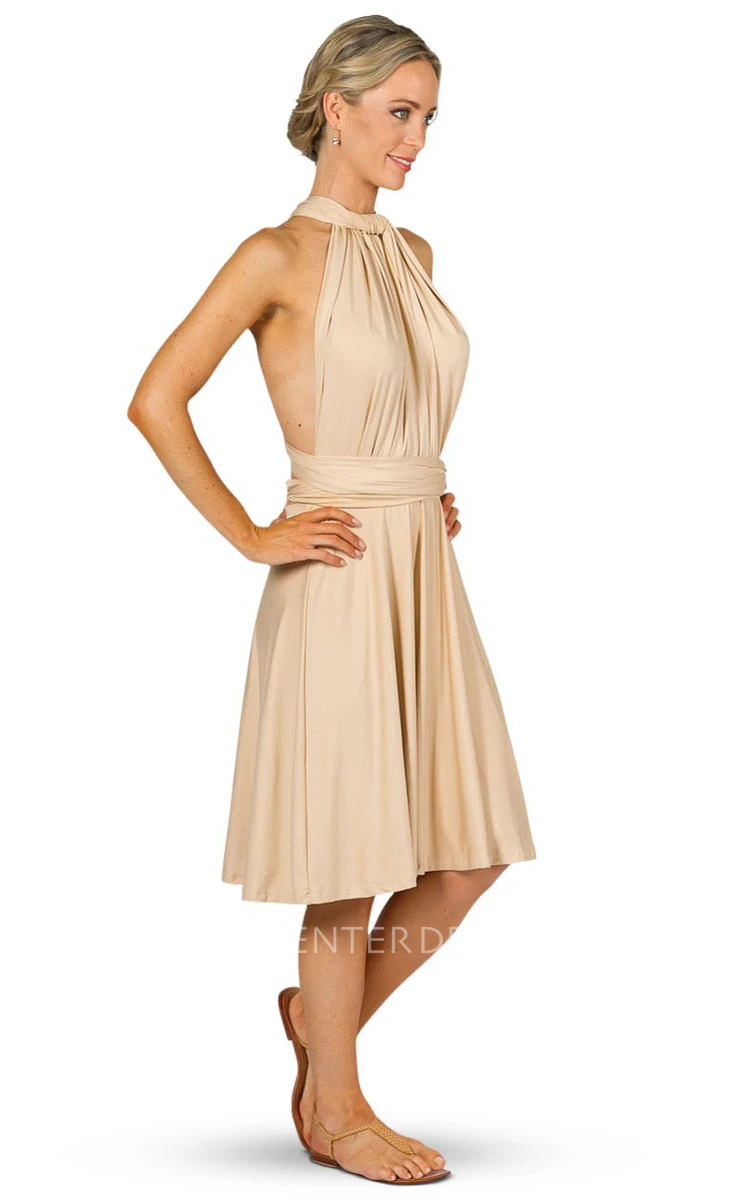 Knee-Length Sleeveless Ruched One-Shoulder Chiffon Convertible Bridesmaid Dress With Straps