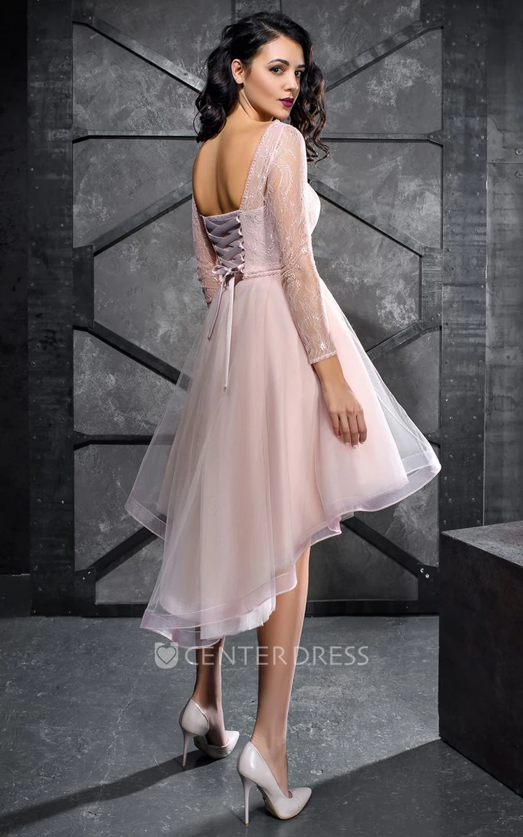 Casual A Line Lace and Tulle Bateau Knee-length Homecoming Dress with Ruffles