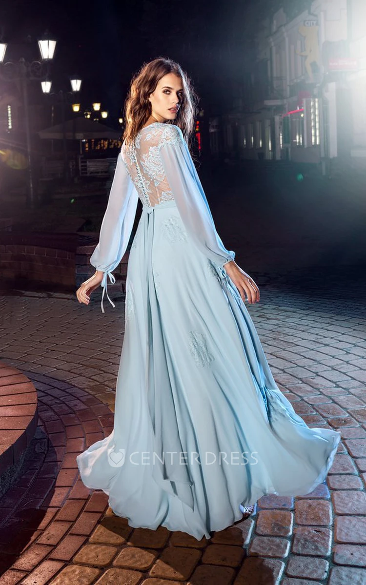 A-Line V-Neck Balloon Long Sleeve Chiffon Illusion Dress With Lace And Draping