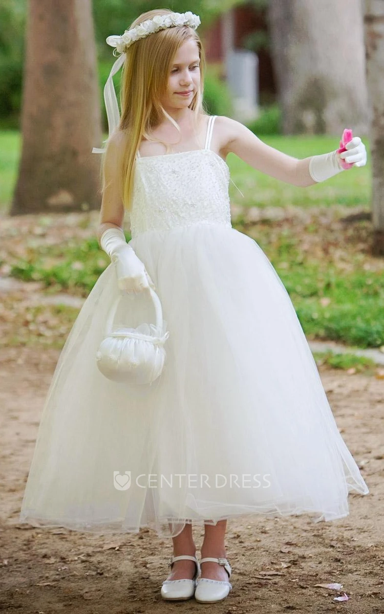 Spaghetti Tea-Length Tiered Criss-Cross Tulle&Lace Flower Girl Dress With Straps