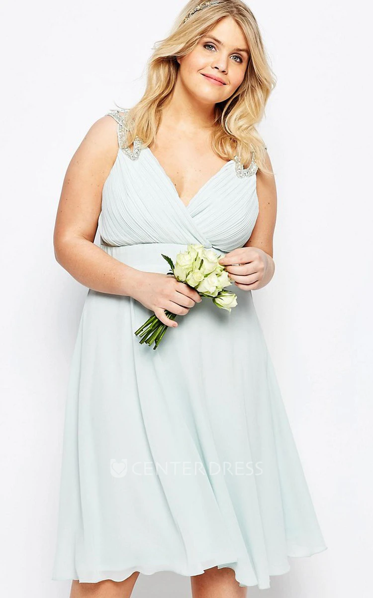 A-Line V-Neck Ruched Sleeveless Knee-Length Chiffon Bridesmaid Dress With Beading And Pleats