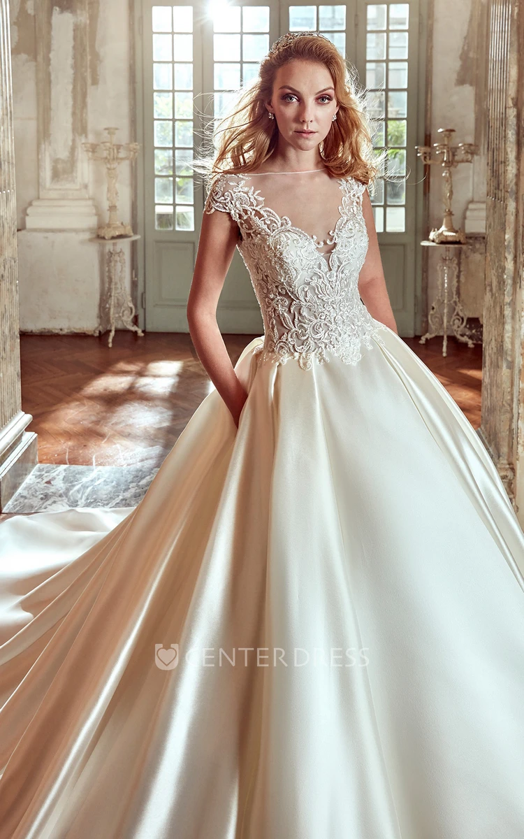 V-Neck A-line Wedding Dress With Lace Bodice and Satin Skirt