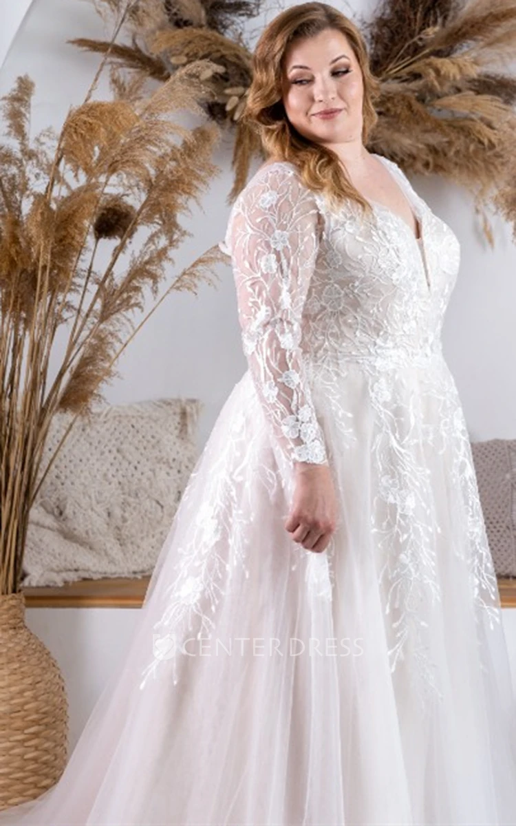 Elegant Plunging Neckline A Line Tulle Wedding Dress with Appliques