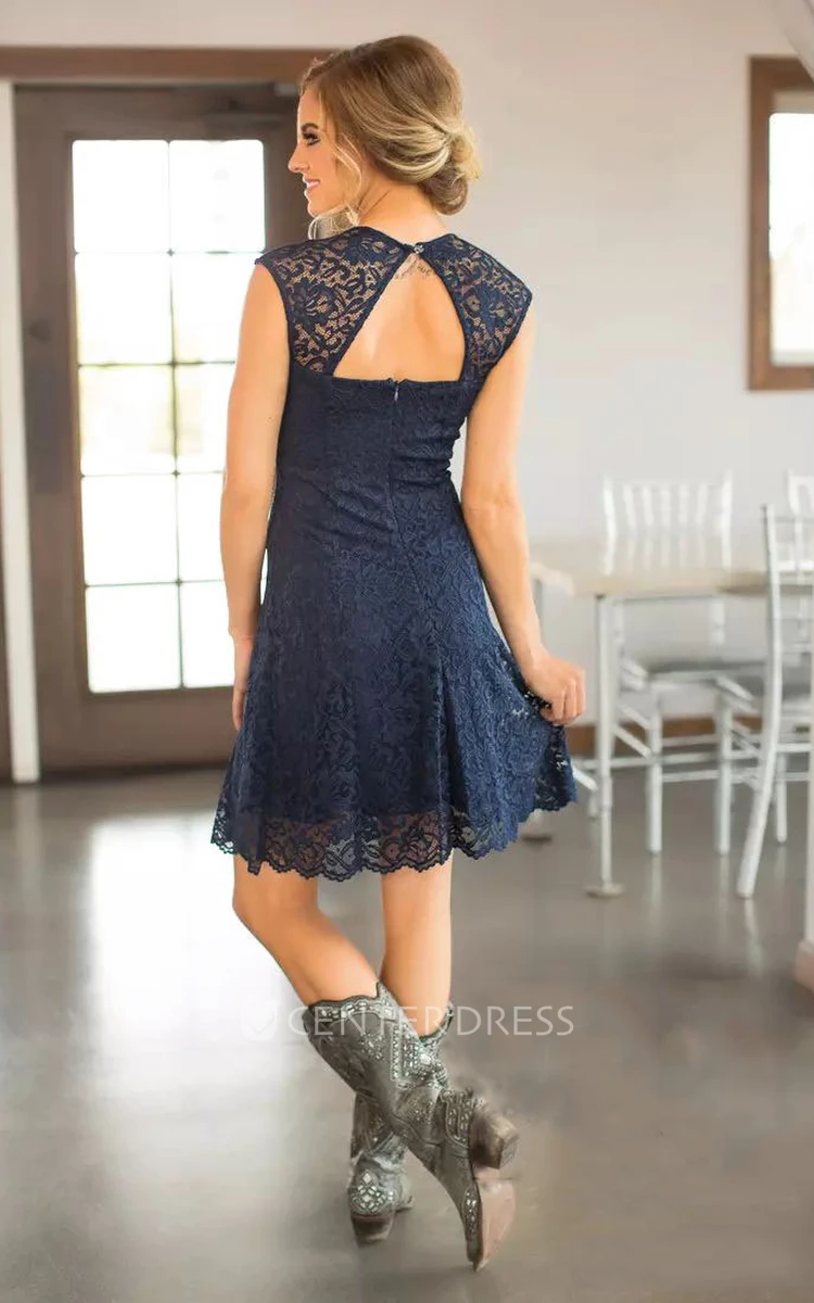 Sleeveless Keyhole Romantic Adorable Short Mini Sheath Square Lace Bridesmaid Dress 