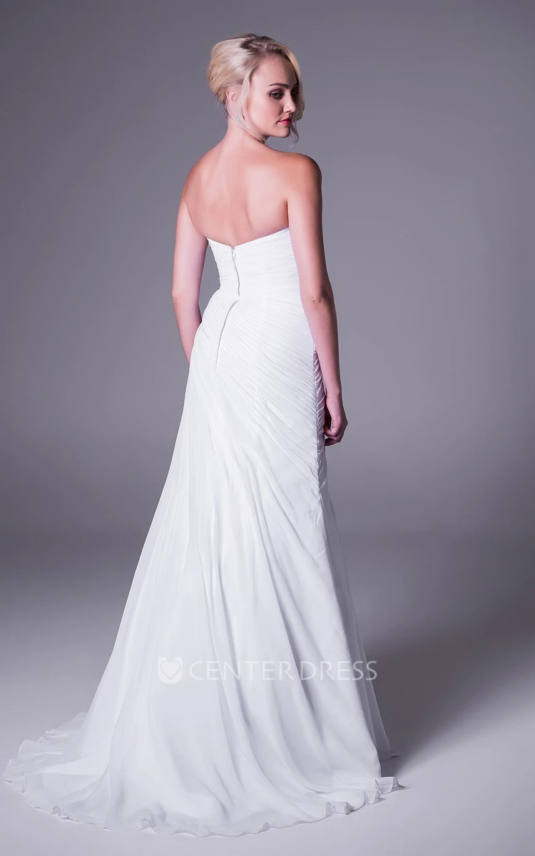 A-Line Sleeveless Strapless Side-Draped Long Chiffon Wedding Dress With Waist Jewellery