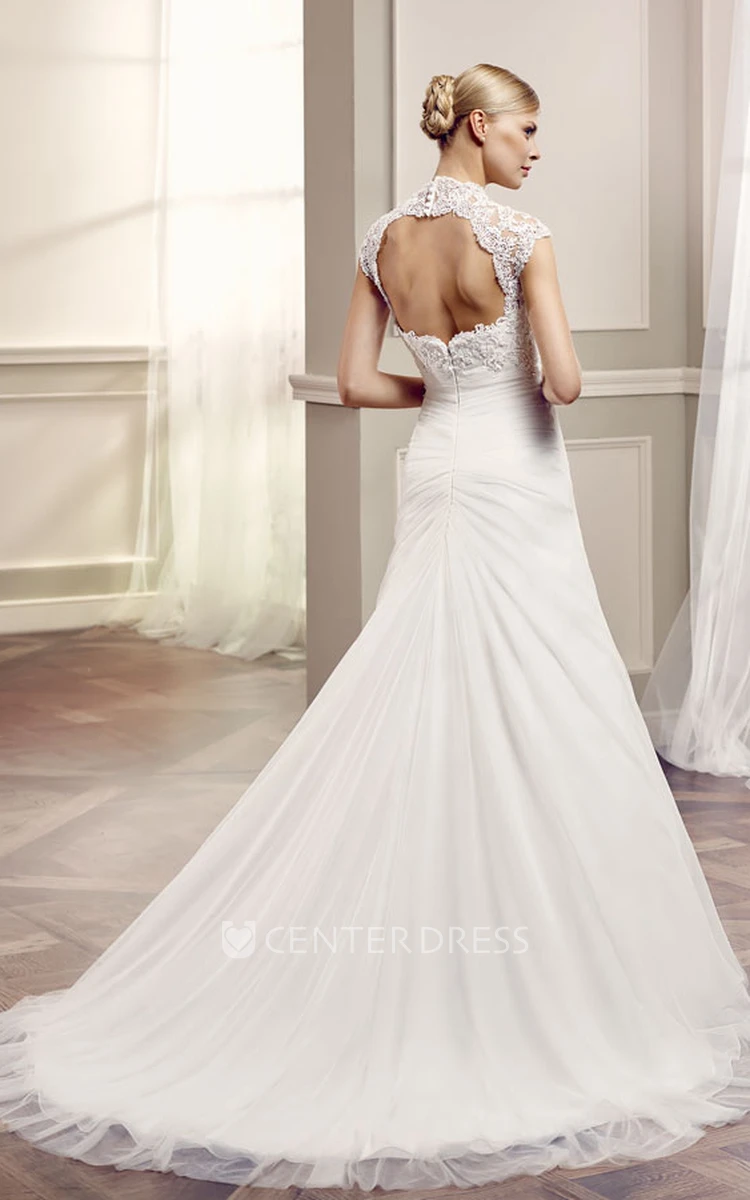 A-Line Side-Draped Long Cap-Sleeve Lace Wedding Dress With Keyhole Back And Appliques