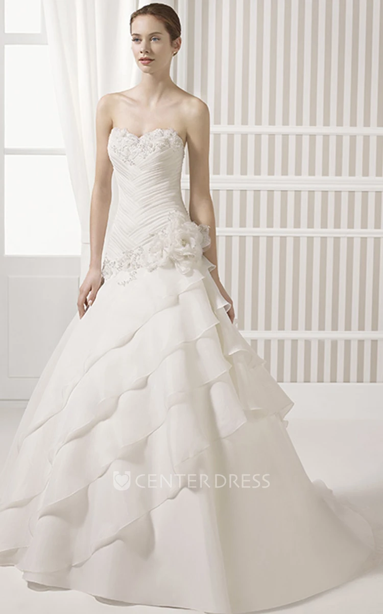 A-Line Tiered Floor-Length Sweetheart Chiffon Wedding Dress With Ruching And Flower