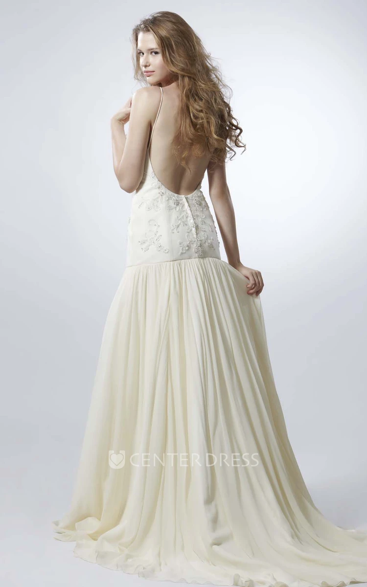 A-Line Floor-Length Sleeveless Beaded Spaghetti Chiffon Wedding Dress With Backless Style And Pleats