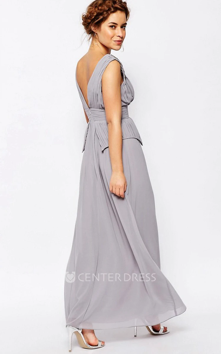 A-Line Ruched Ankle-Length V-Neck Sleeveless Chiffon Bridesmaid Dress With Beading