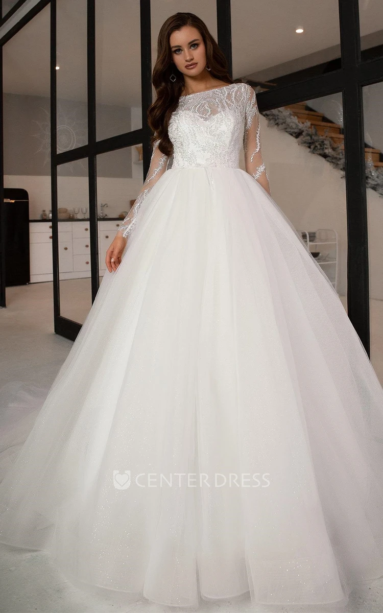 Modest A Line Bateau Long Sleeve Court Train Tulle Wedding Dress with Beading