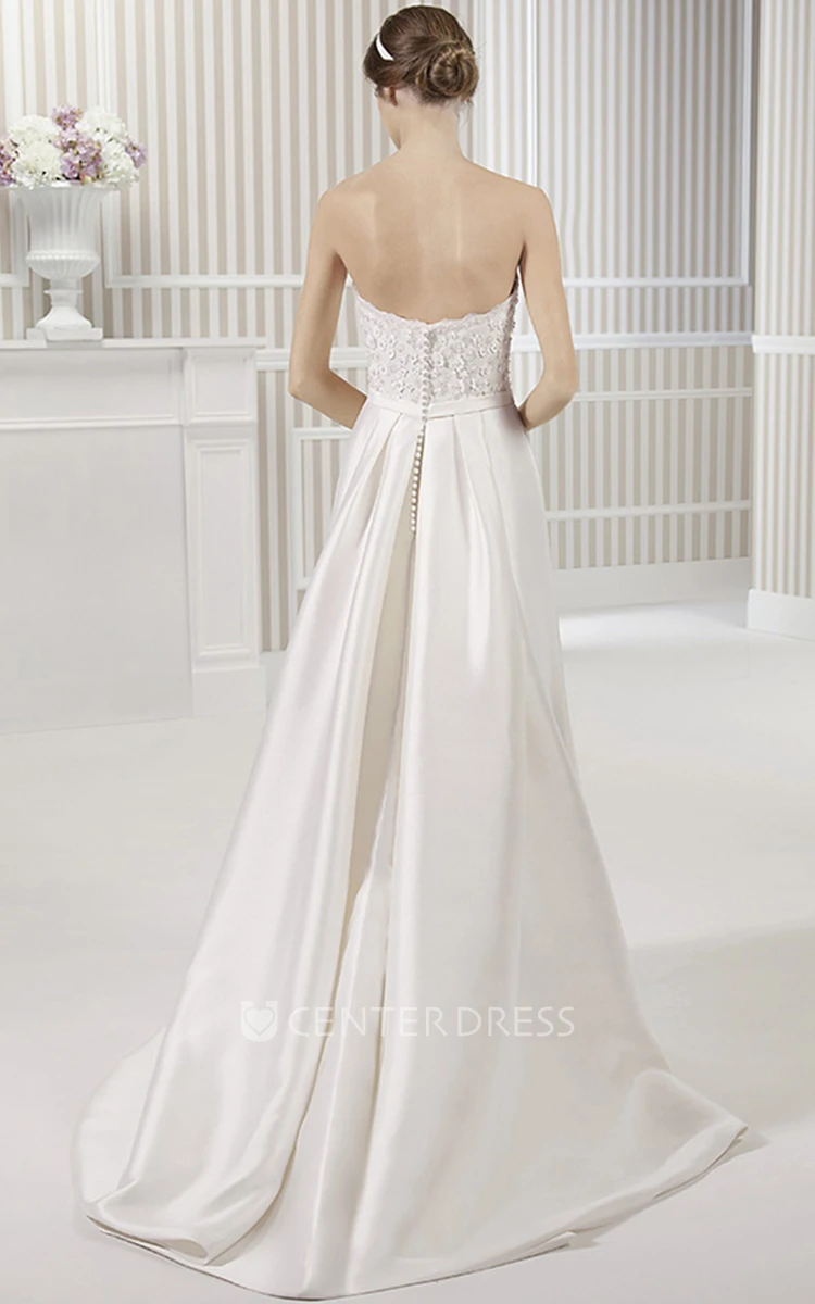 Strapless Floor-Length Floral Satin Wedding Dress With Brush Train And V Back