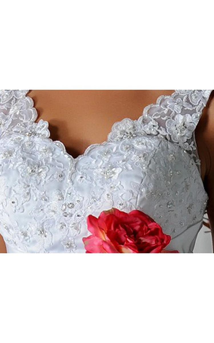 Appliqued V Neck Taffeta Waist Bridal Gown With Tulle Skirt