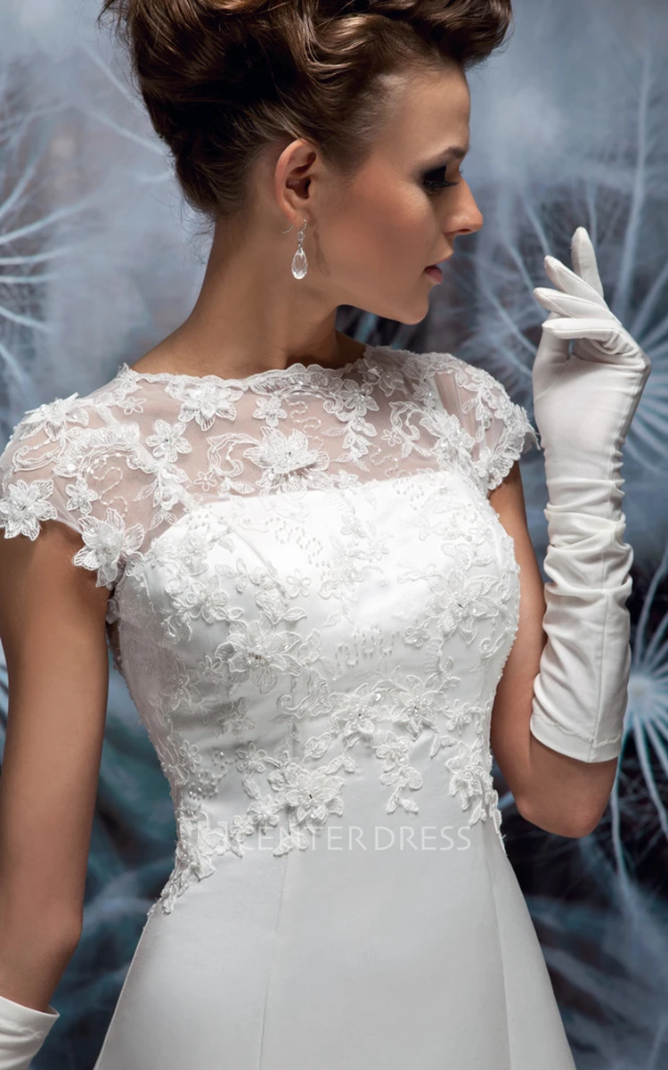A-Line Cap-Sleeve Jewel-Neck Satin Wedding Dress With Illusion
