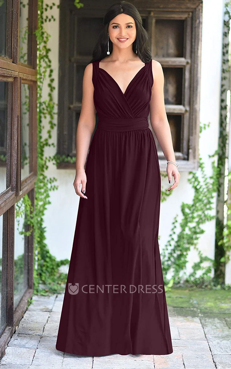 Casual Chiffon Floor-length V-neck A Line Sleeveless Bridesmaid Dress With Ruching