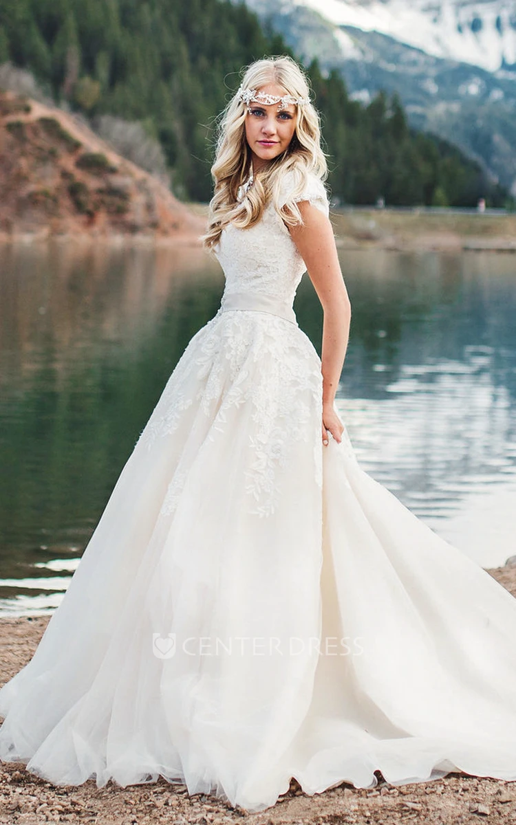 Lace Appliqued Queen Anne Ballgown Cap Sleeve Romantic Wedding Dress With Button Back