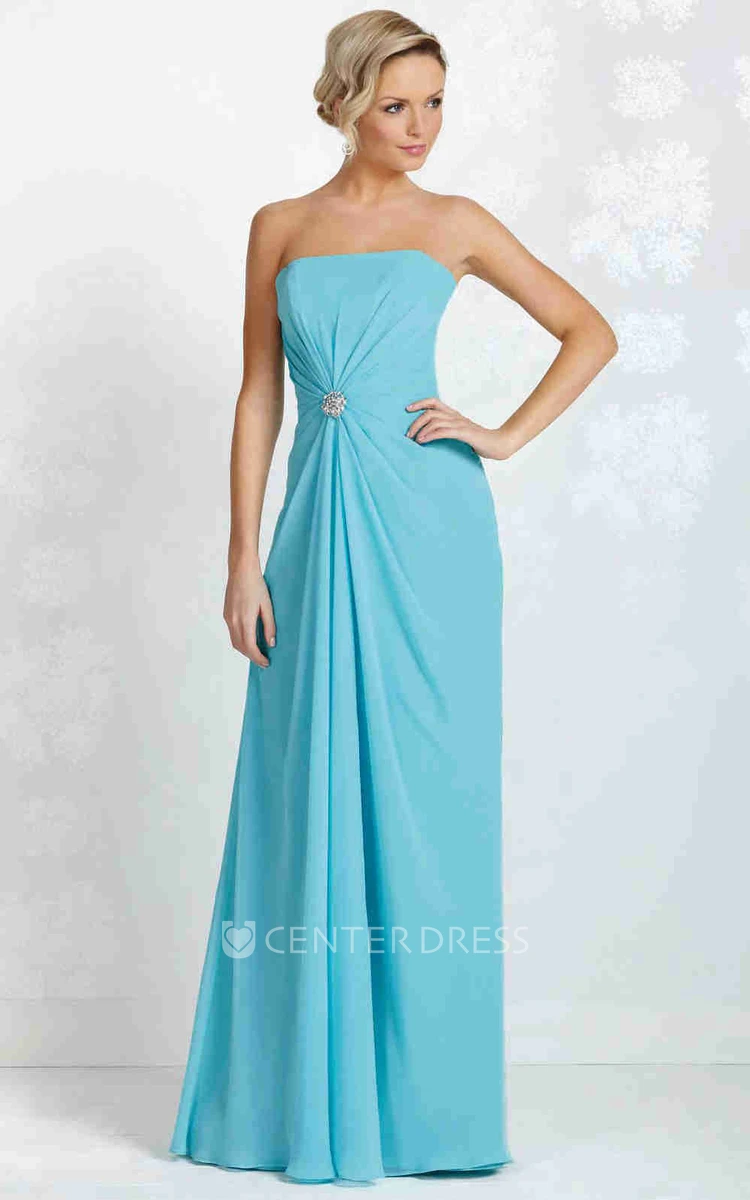 Strapless Floor-Length Draped Chiffon Bridesmaid Dress With Broach And Lace Up