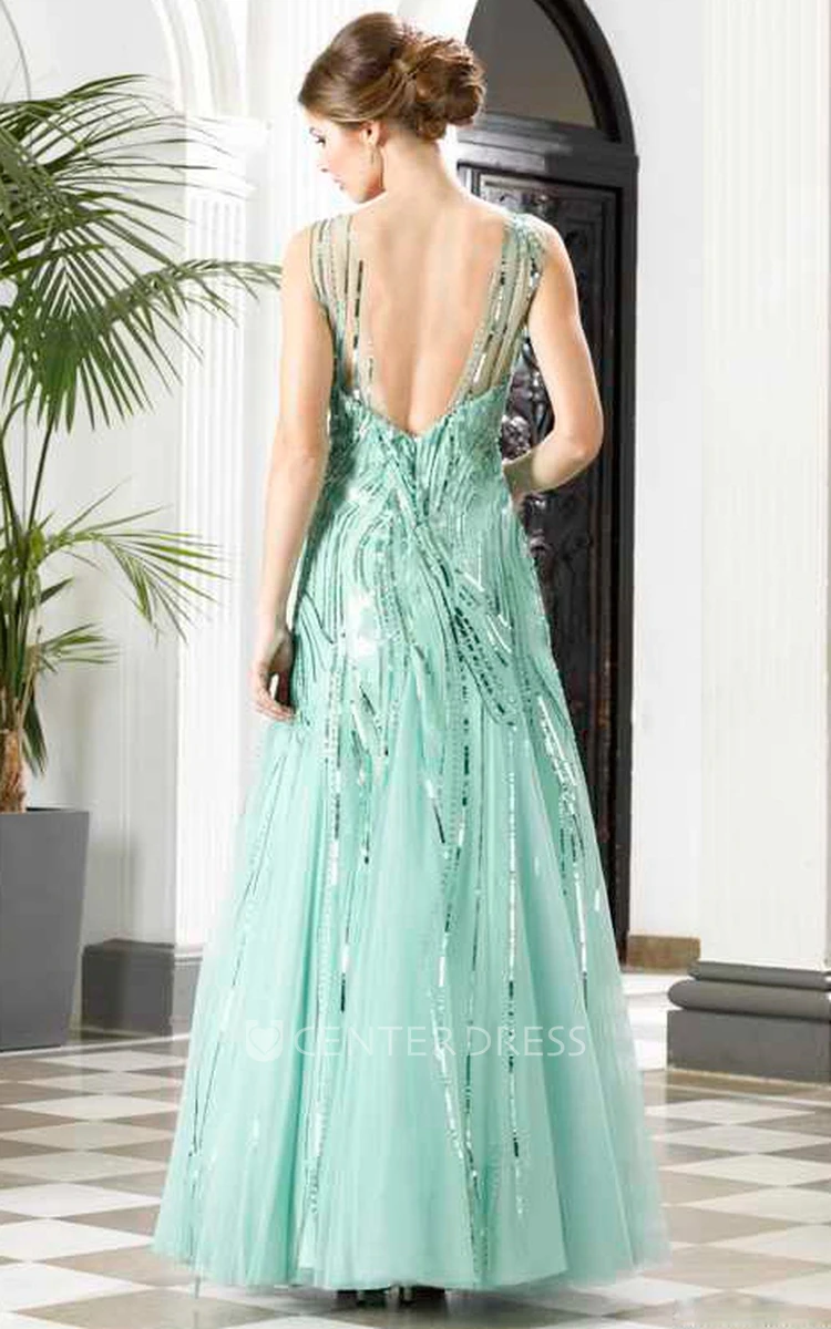 A-Line Floor-Length V-Neck Sleeveless Tulle Sequins Pleats Low-V Back Dress
