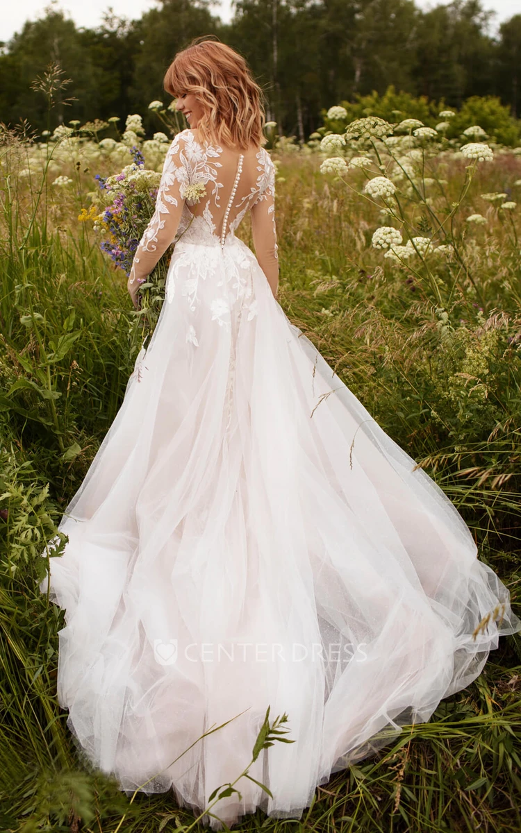 Tulle Illusion Sleeve And Illusion Button Back Adorable Wedding Dress With Lace Details