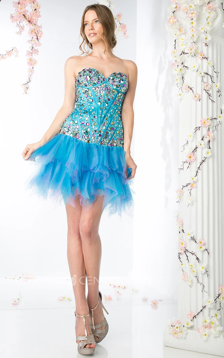 A-Line High-Low Sweetheart Tulle Corset Back Dress With Beading And Tiers