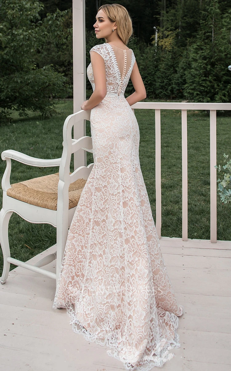 Bohemian Mermaid Lace Plunging Neck Sweep Train Wedding Dress with Appliques