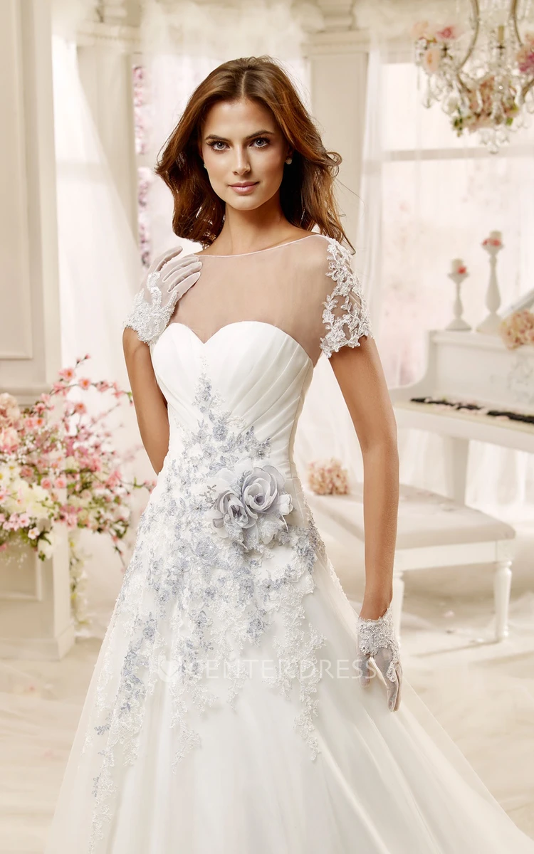Jewel-neck Beaded Illusion A-line Wedding Dress with Flowers and Pleated Bodice
