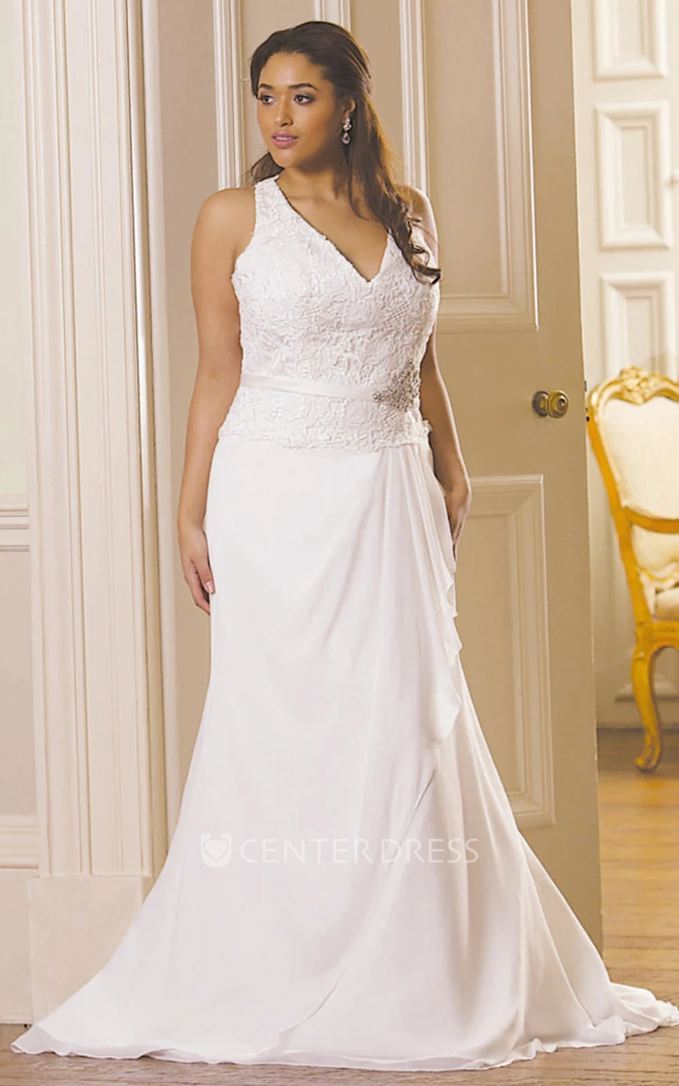 Sheath V-Neck Sleeveless Jeweled Chiffon Plus Size Wedding Dress With Draping