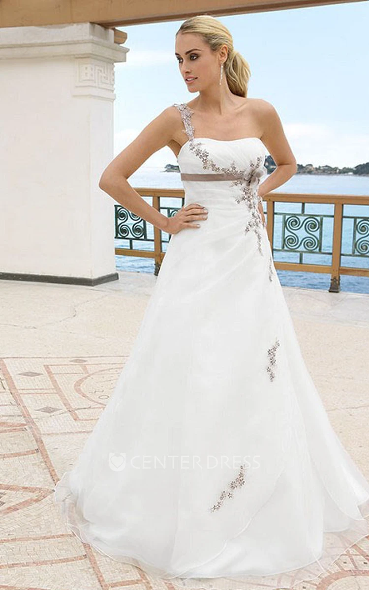Long One-Shoulder Appliqued Satin Wedding Dress With Side Draping