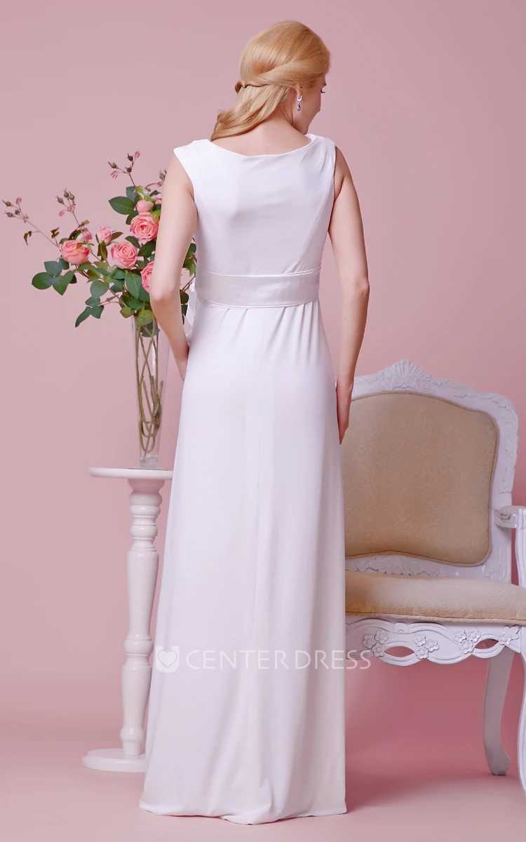 Cowl Neckline Cap Sleeves A-line Chiffon Maternity Wedding Dress with Sash