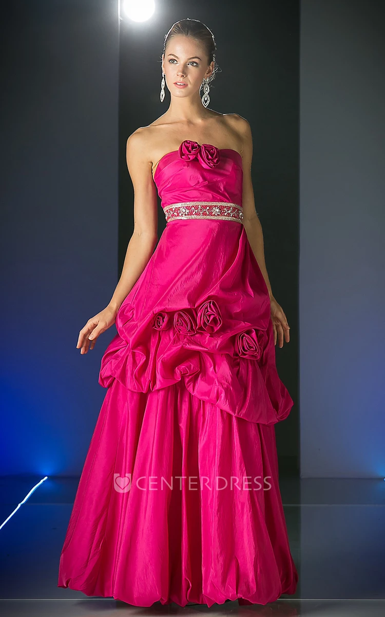 A-Line Long Strapless Sleeveless Taffeta Backless Dress With Pick Up And Flower