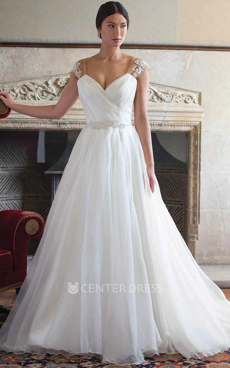 Ball Gown Floor-Length V-Neck Ruched Cap-Sleeve Wedding Dress With Appliques